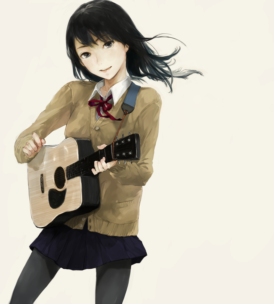 nimirom, original, commentary request, 1girl, acoustic guitar, black hair, black pantyhose, blue skirt, breasts, brown cardigan, cardigan, collared shirt, cowboy shot, floating hair, grey eyes, guitar, guitar strap, head tilt, holding, holding guitar, holding instrument, holding plectrum, instrument, long hair, long sleeves, looking at viewer, miniskirt, music, neck ribbon, open mouth, pantyhose, playing guitar, playing instrument, pleated skirt, plectrum, red ribbon, ribbon, school uniform, shirt, shoulder strap, simple background, skirt, small breasts, solo, standing, teeth, upper teeth only, white background, white shirt