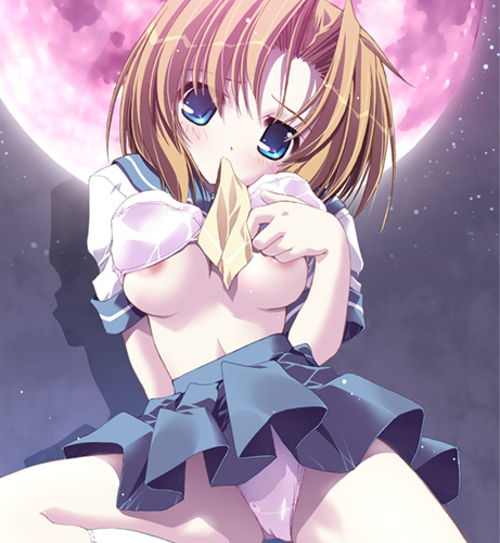 oono tetsuya, ryuuguu rena, higurashi no naku koro ni, lowres, 00s, 1girl, blue eyes, bra, breasts, brown hair, female focus, lingerie, nipples, panties, school uniform, serafuku, solo, underwear