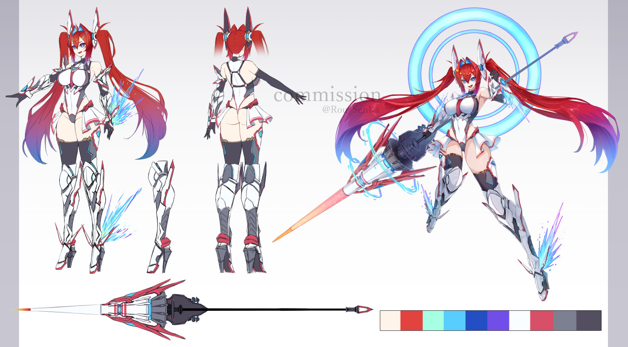 rou senka, original, commission, skeb commission, 1girl, :d, armored boots, ass, bare shoulders, blue eyes, boots, breasts, color guide, elbow gloves, flat color, from behind, full body, gauntlets, gloves, hair intakes, halo, holding, holding polearm, holding weapon, large breasts, long hair, looking at viewer, mecha musume, open mouth, polearm, red hair, smile, solo, spear, standing, thighhighs, twintails, very long hair, weapon