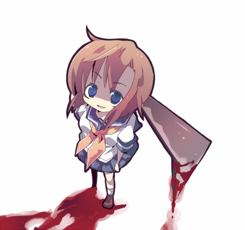 ryuuguu rena, higurashi no naku koro ni, lowres, 00s, 1girl, billhook, blood, blue eyes, brown hair, female focus, hashitsuki nata, hatchet, nata (tool), school uniform, serafuku, short hair, solo, weapon, yandere