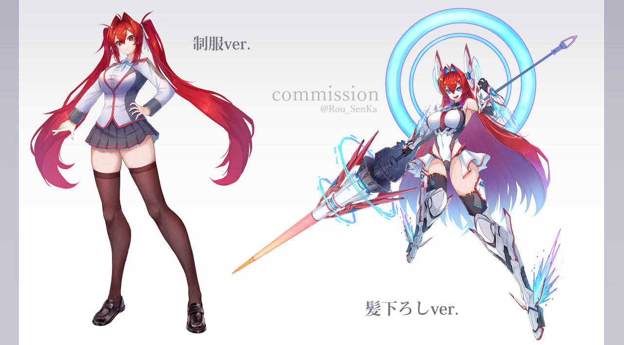 rou senka, original, commission, skeb commission, 1girl, :d, armored boots, bare shoulders, blue eyes, boots, breasts, elbow gloves, full body, gauntlets, gloves, hair intakes, halo, hand on own hip, holding, holding polearm, holding weapon, large breasts, loafers, long hair, looking at viewer, mecha musume, open mouth, polearm, red eyes, red hair, school uniform, shoes, smile, solo, spear, standing, thighhighs, twintails, very long hair, weapon
