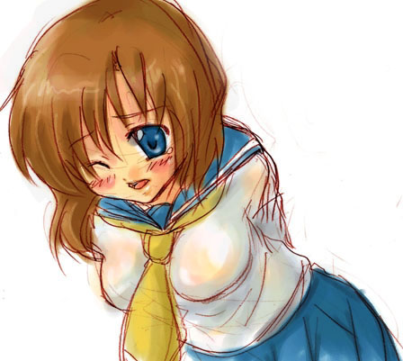ryuuguu rena, higurashi no naku koro ni, lowres, 00s, 1girl, bent over, blue eyes, breasts, brown hair, female focus, school uniform, serafuku, short hair, sketch, solo, standing, white background, wink