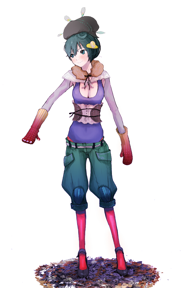 felt, original, bad id, bad pixiv id, 1girl, breasts, capri pants, cleavage, corset, fashion, female focus, gloves, green eyes, green hair, hat, knee pads, large breasts, leaf, leotard, matching hair/eyes, oven mitts, pants, short hair, shorts, smile, solo