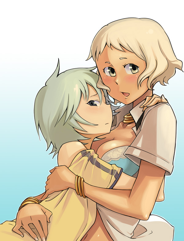 bowieknife, makunouchi ushio, ooba minato, hyakko, 00s, 2girls, blonde hair, blush, dark-skinned female, dark skin, green hair, hug, multiple girls, short hair, tan, yuri