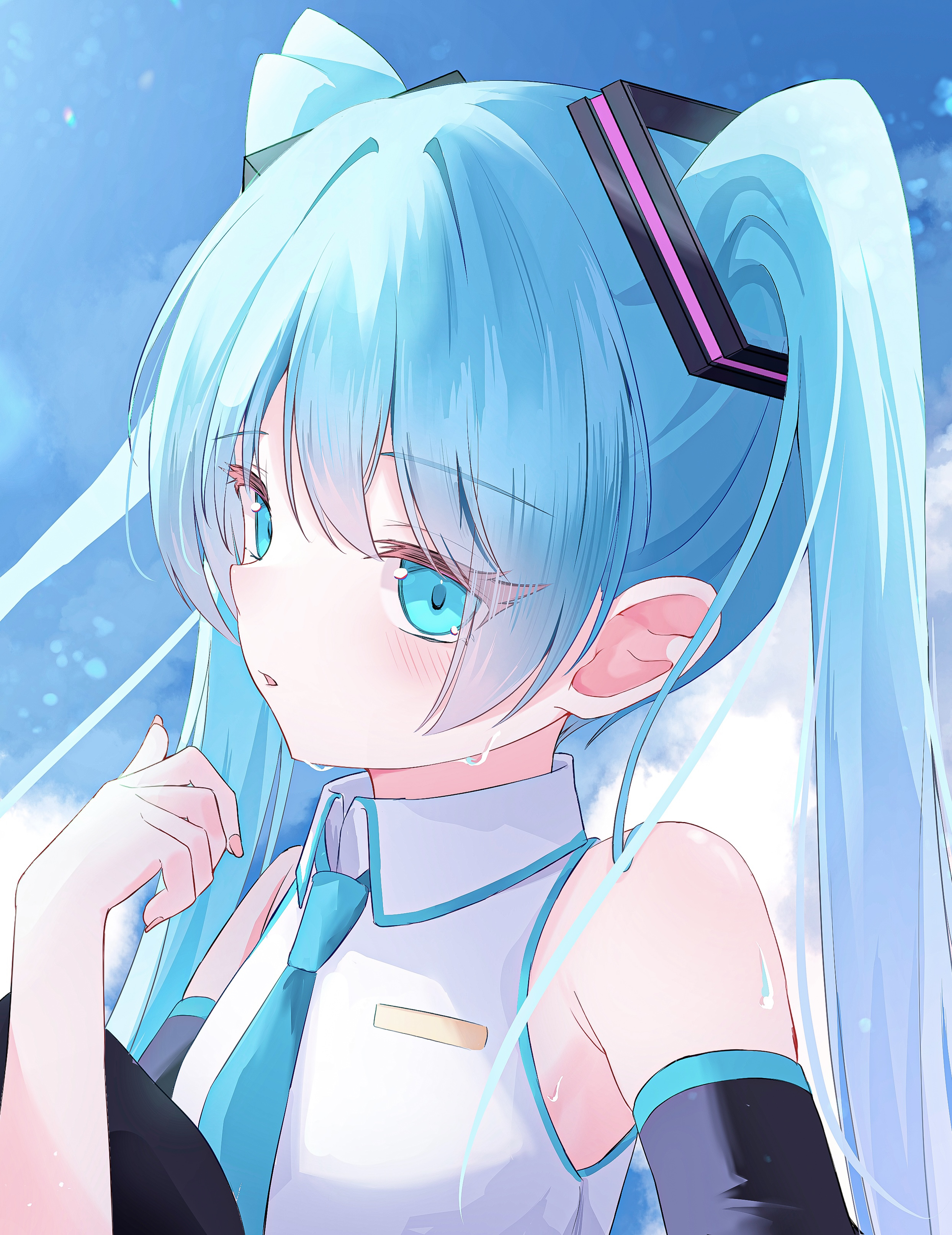 yamamotokeisuke1004, hatsune miku, vocaloid, absurdres, highres, 1girl, aqua eyes, aqua hair, aqua necktie, aqua trim, armpit crease, blush, collared shirt, detached sleeves, hair between eyes, hair ornament, long hair, long sleeves, looking at viewer, necktie, parted lips, pink nails, shirt, sleeveless, sleeveless shirt, solo, sweat, very long hair, white shirt