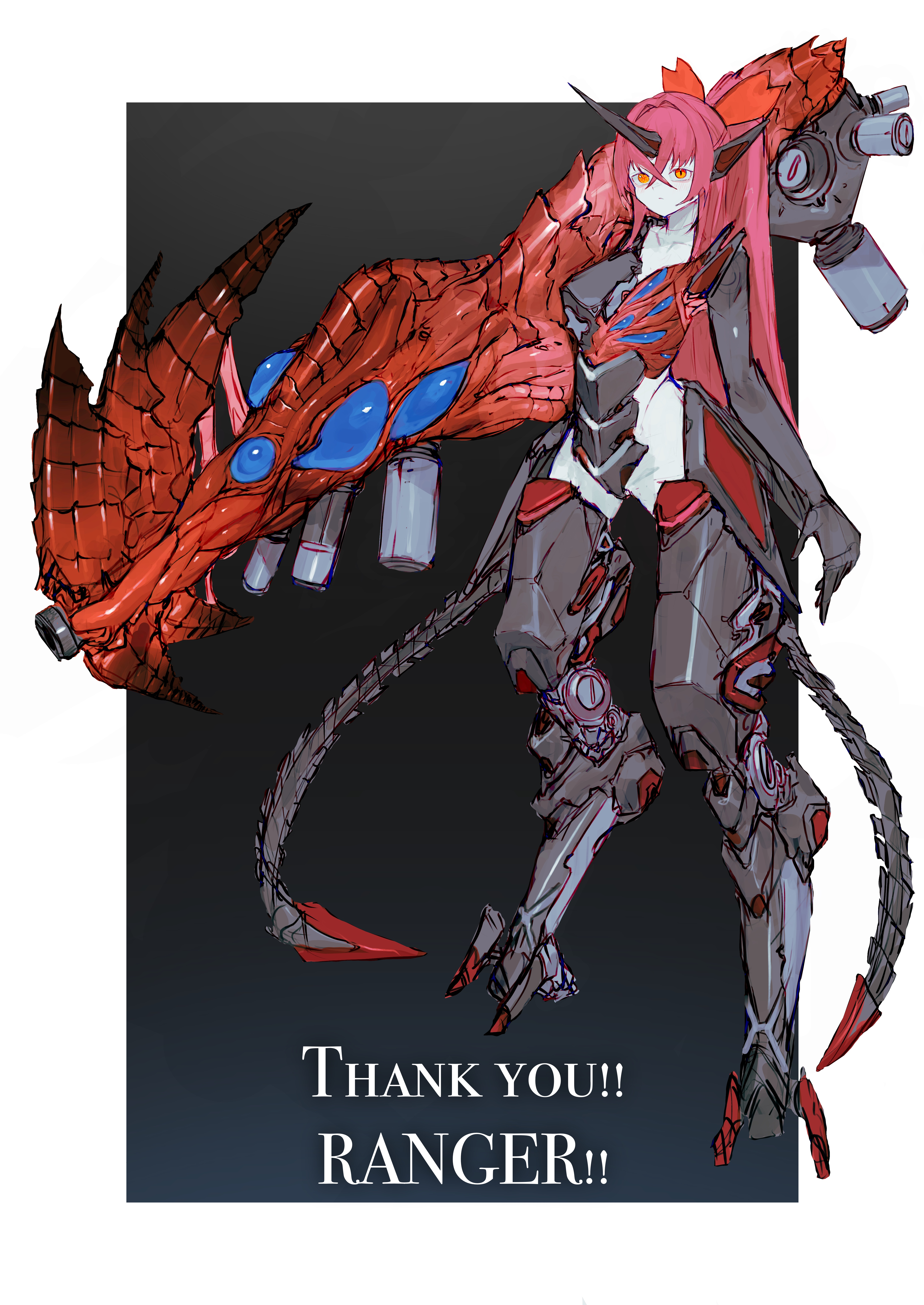 kasanomaya, original, r-type, absurdres, commission, highres, second-party source, 1girl, arm cannon, armor, biomechanical, biopunk, colored skin, cyborg, digitigrade, english text, full body, horns, long hair, mecha musume, orange eyes, red hair, science fiction, single horn, solo, standing, very long hair, weapon, white skin
