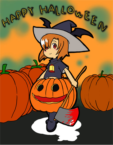 ryuuguu rena, higurashi no naku koro ni, 00s, 1girl, axe, blood, female focus, halloween, happy halloween, hat, jack-o'-lantern, orange hair, pumpkin, red eyes, short hair, solo, weapon, witch hat