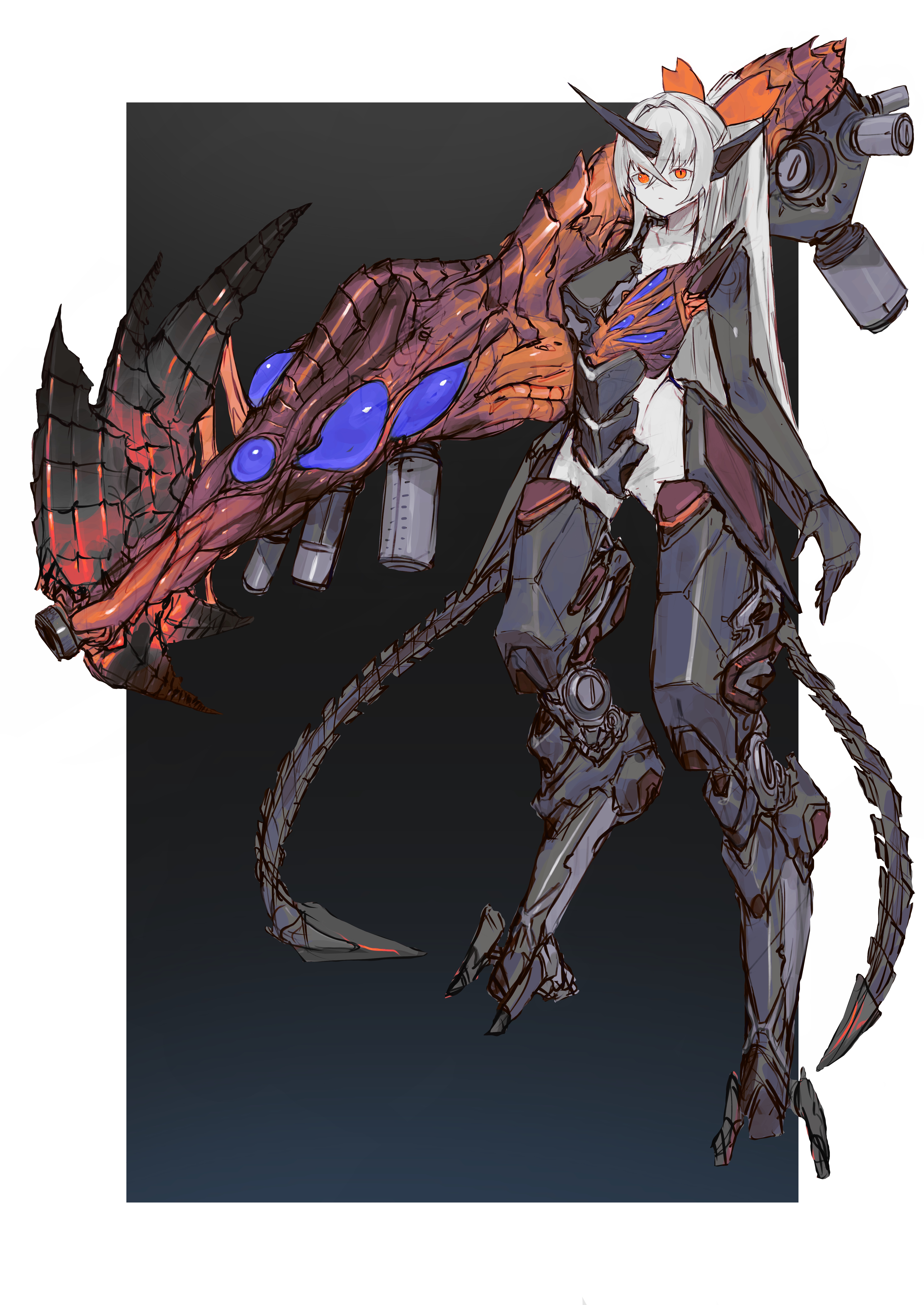 kasanomaya, original, r-type, absurdres, commission, highres, second-party source, 1girl, arm cannon, armor, biomechanical, biopunk, blonde hair, colored skin, cyborg, digitigrade, full body, horns, long hair, mecha musume, orange eyes, science fiction, single horn, solo, standing, very long hair, weapon, white skin