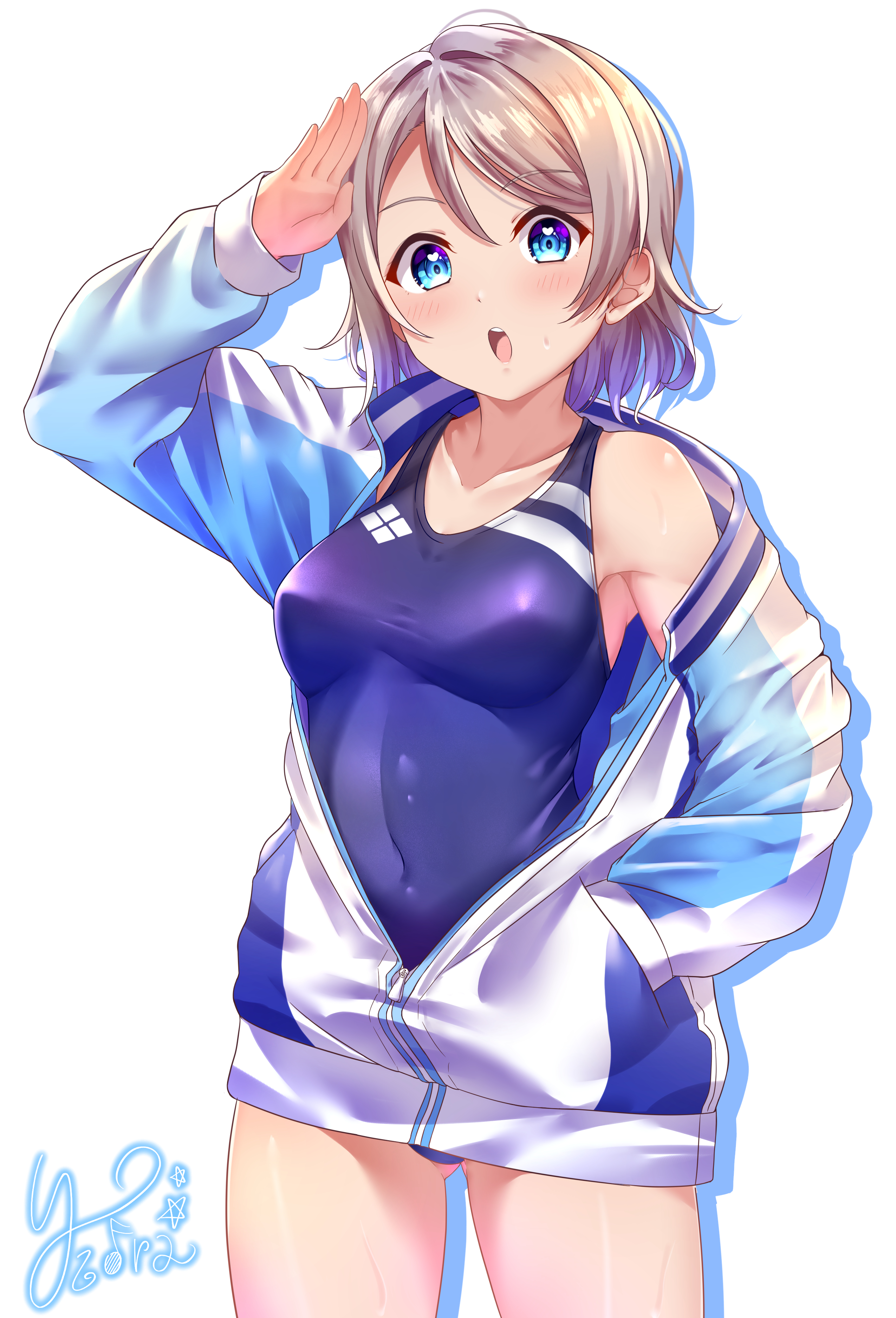 kuntze, watanabe you, love live!, love live! sunshine!!, absurdres, highres, 1girl, arm up, armpit peek, armpits, ass, blue eyes, blue jacket, blue one-piece swimsuit, blush, breasts, brown hair, collarbone, collared shirt, competition swimsuit, covered navel, gluteal fold, grey hair, gym uniform, hand up, head tilt, heart, heart in eye, highleg, highleg one-piece swimsuit, jacket, long sleeves, medium breasts, multicolored hair, multicolored jacket, off shoulder, official alternate costume, one-piece swimsuit, open clothes, open jacket, open mouth, purple hair, salute, shirt, short hair, signature, simple background, sportswear, streaked hair, sweat, sweatdrop, swimsuit, symbol in eye, teeth, thighs, tongue, track jacket, two-tone jacket, two-tone swimsuit, upper body, upper teeth only, wavy hair, wet, white background, white jacket