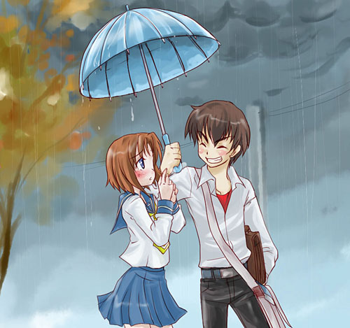 maebara keiichi, ryuuguu rena, higurashi no naku koro ni, lowres, 00s, 1boy, 1girl, blue eyes, brown hair, couple, hetero, rain, school uniform, serafuku, shared umbrella, short hair, umbrella