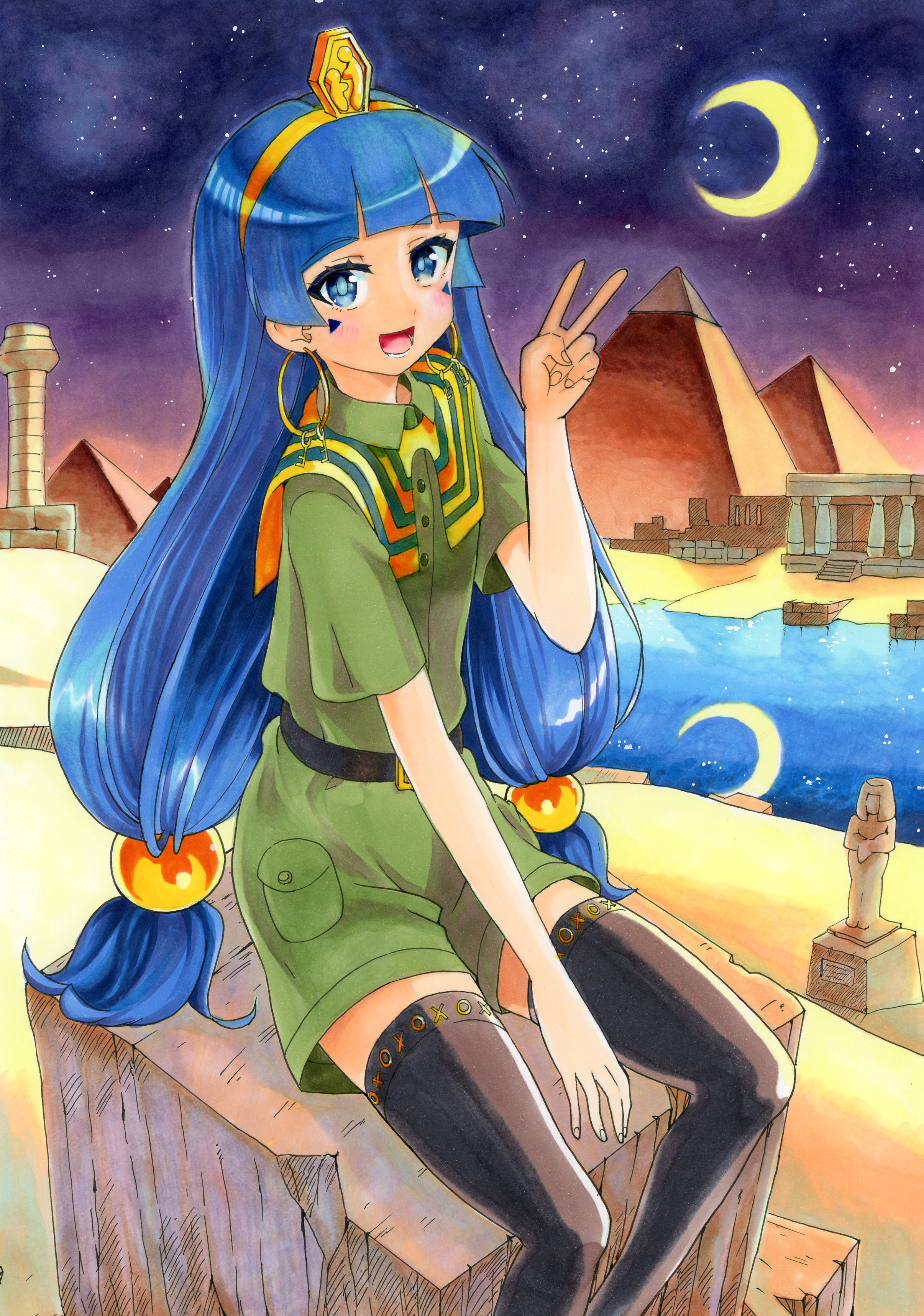 nenpuru, michigami nareko, touhou, absurdres, commentary request, highres, marker (medium), traditional media, 1girl, belt, belt buckle, black belt, black thighhighs, blue eyes, blue hair, brown shirt, brown shorts, buckle, crescent moon, desert, earrings, facial mark, gold, gold hairband, hair bobbles, hair ornament, hairband, hoop earrings, jewelry, long hair, looking at viewer, moon, night, night sky, on rock, open mouth, outdoors, pillar, pyramid (structure), reflection, reflective water, river, shirt, short sleeves, shorts, sitting, sky, solo, star (sky), starry sky, thighhighs, triangle, triangle facial mark, usekh collar, v, very long hair, water