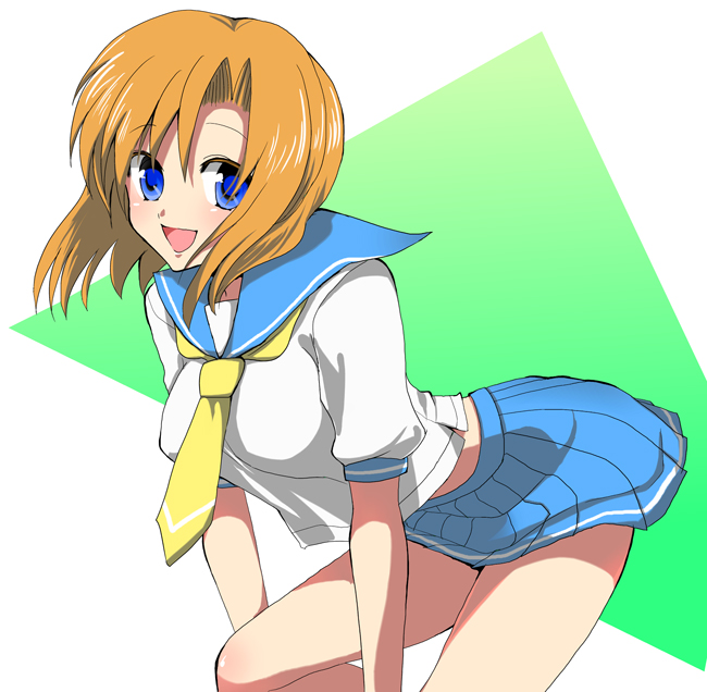 yui (pixiv76319), yui tooru, ryuuguu rena, higurashi no naku koro ni, bad id, bad pixiv id, 00s, 1girl, blue eyes, breasts, female focus, kneeling, miniskirt, orange hair, school uniform, serafuku, short hair, skirt, smile, solo