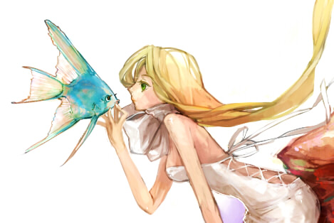 mimic (artist), suimin, celes chere, final fantasy, final fantasy vi, lowres, 1990s (style), 1girl, angelfish, blonde hair, dress, female focus, fish, green eyes, long hair, retro artstyle, solo, tropical fish