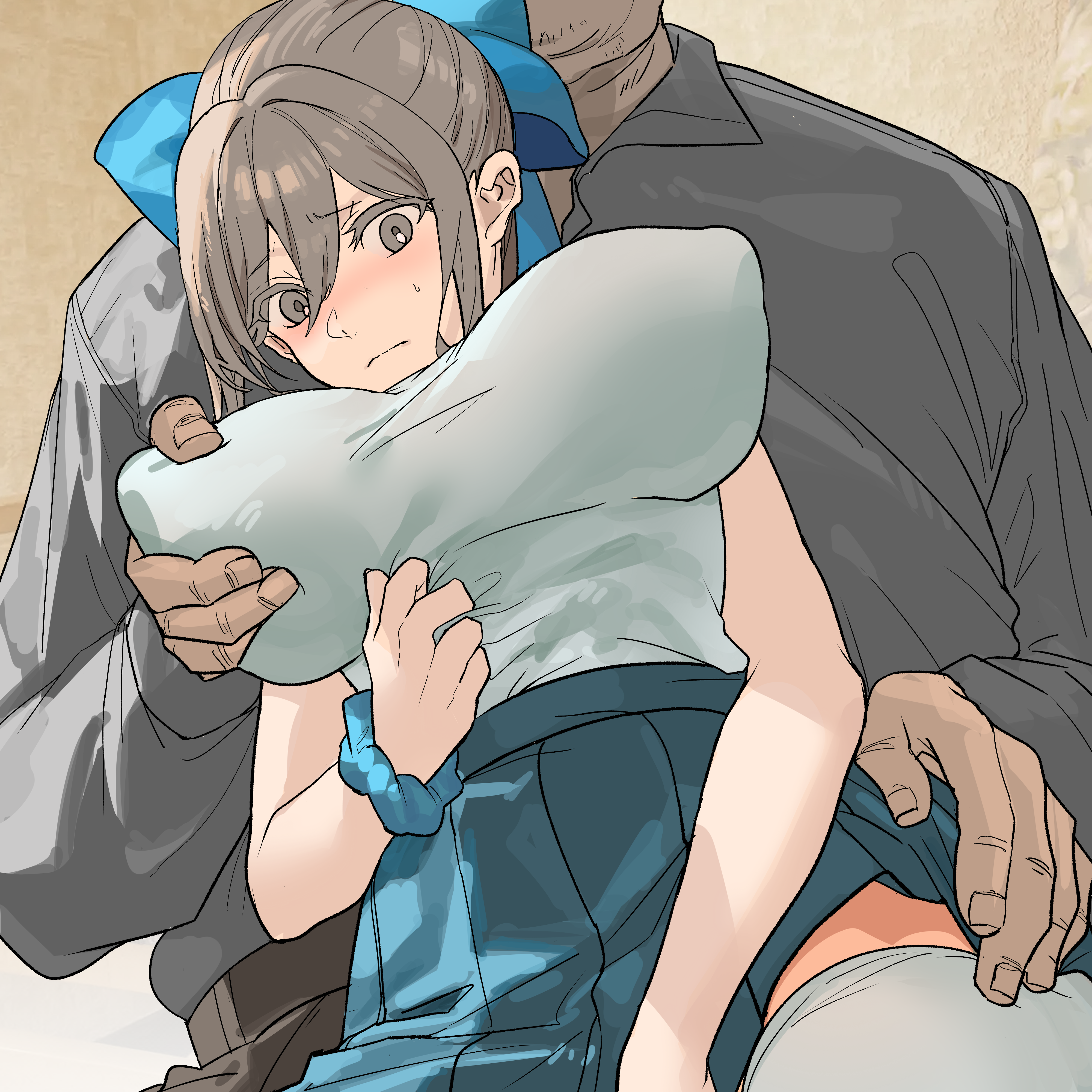 original, absurdres, commentary request, highres, 1boy, 1girl, between legs, blue ribbon, blue scrunchie, blue skirt, blush, brown eyes, brown hair, brown pants, closed mouth, collared shirt, grabbing another's breast, grabbing from behind, gradient background, grey shirt, groping, hair between eyes, hair ribbon, hand between legs, hand on another's thigh, hand up, hetero, ingenkita, long sleeves, miniskirt, nose blush, pants, pleated skirt, ribbon, school uniform, scrunchie, shirt, short sleeves, sidelocks, skirt, solo focus, sweatdrop, thighhighs, ugly bastard, white shirt, white thighhighs, worried, wrist scrunchie, zettai ryouiki