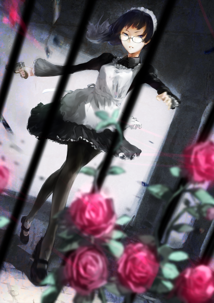 nimirom, original, commentary request, 1girl, apron, black dress, black pantyhose, black shoes, blue eyes, blue hair, blurry, blurry foreground, breasts, collared dress, dress, dutch angle, floating clothes, floating hair, flower, glasses, gun, head tilt, holding, holding gun, holding weapon, indoors, iron bars, juliet sleeves, long hair, long sleeves, looking at viewer, looking over eyewear, maid, maid apron, maid headdress, mary janes, outstretched arm, pantyhose, parted lips, pink flower, pink rose, plant, puffy sleeves, rose, shoes, short dress, small breasts, solo, standing, tiptoes, v-shaped eyebrows, vines, walking, weapon, white apron, white headdress