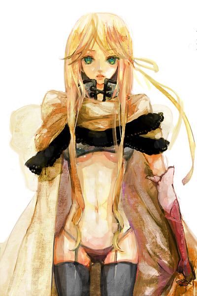 mimic (artist), suimin, celes chere, final fantasy, final fantasy vi, 1990s (style), 1girl, blonde hair, breasts, cape, elbow gloves, female focus, gloves, green eyes, long hair, panties, retro artstyle, solo, thighhighs, underboob, underwear