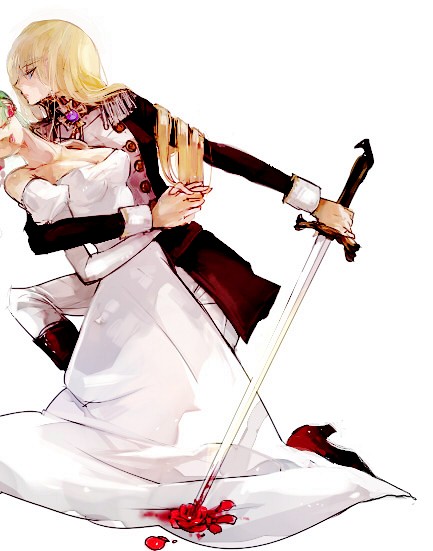 mimic (artist), suimin, celes chere, tenjou utena, tina branford, final fantasy, final fantasy vi, shoujo kakumei utena, 2girls, blonde hair, breasts, cleavage, cosplay, dress, flower, green hair, long hair, multiple girls, rose, simple background, sword, tenjou utena (cosplay), weapon