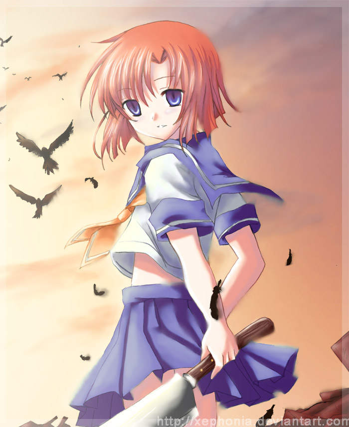 xephonia, ryuuguu rena, higurashi no naku koro ni, 00s, 1girl, billhook, blue eyes, female focus, hatchet, nata (tool), orange hair, school uniform, serafuku, short hair, solo, weapon