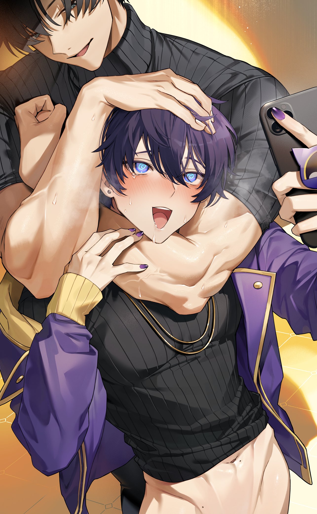 trgm, shoto (vtuber), indie virtual youtuber, character request, commentary, english commentary, highres, second-party source, 2boys, black hair, blush, bottomless, cellphone, drooling, earrings, hair between eyes, holding, holding phone, jacket, jewelry, long sleeves, male focus, mole, mole on stomach, multiple boys, navel, necklace, open mouth, phone, purple eyes, purple hair, purple jacket, purple nails, short hair, sleeper hold, smartphone, symbol-shaped pupils, tears, teeth, tongue, upper teeth only, veins, veiny arms, virtual youtuber, yaoi
