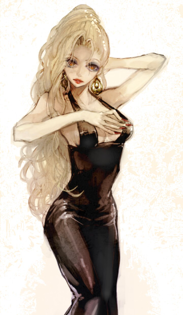 mimic (artist), suimin, celes chere, final fantasy, final fantasy vi, 1990s (style), 1girl, black dress, blonde hair, dress, earrings, female focus, jewelry, long hair, nail polish, ponytail, red eyes, retro artstyle, solo, very long hair