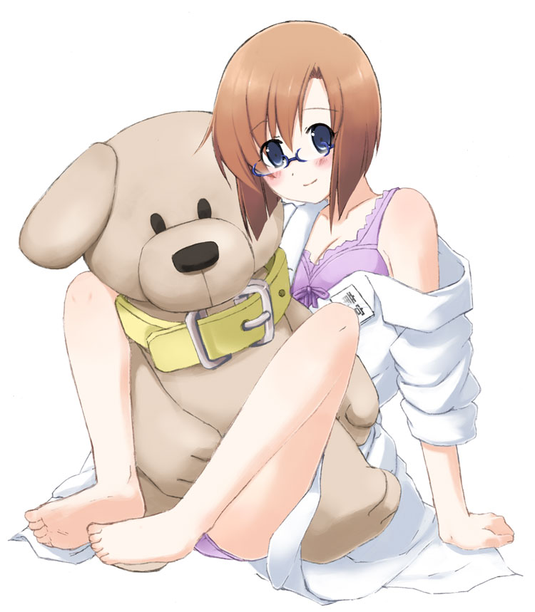 aoi (dizzy), ryuuguu rena, higurashi no naku koro ni, bad id, bad pixiv id, 1girl, barefoot, blue-framed eyewear, blue eyes, bra, brown hair, cosplay, doctor, female focus, glasses, lingerie, panties, short hair, solo, stuffed animal, stuffed toy, underwear
