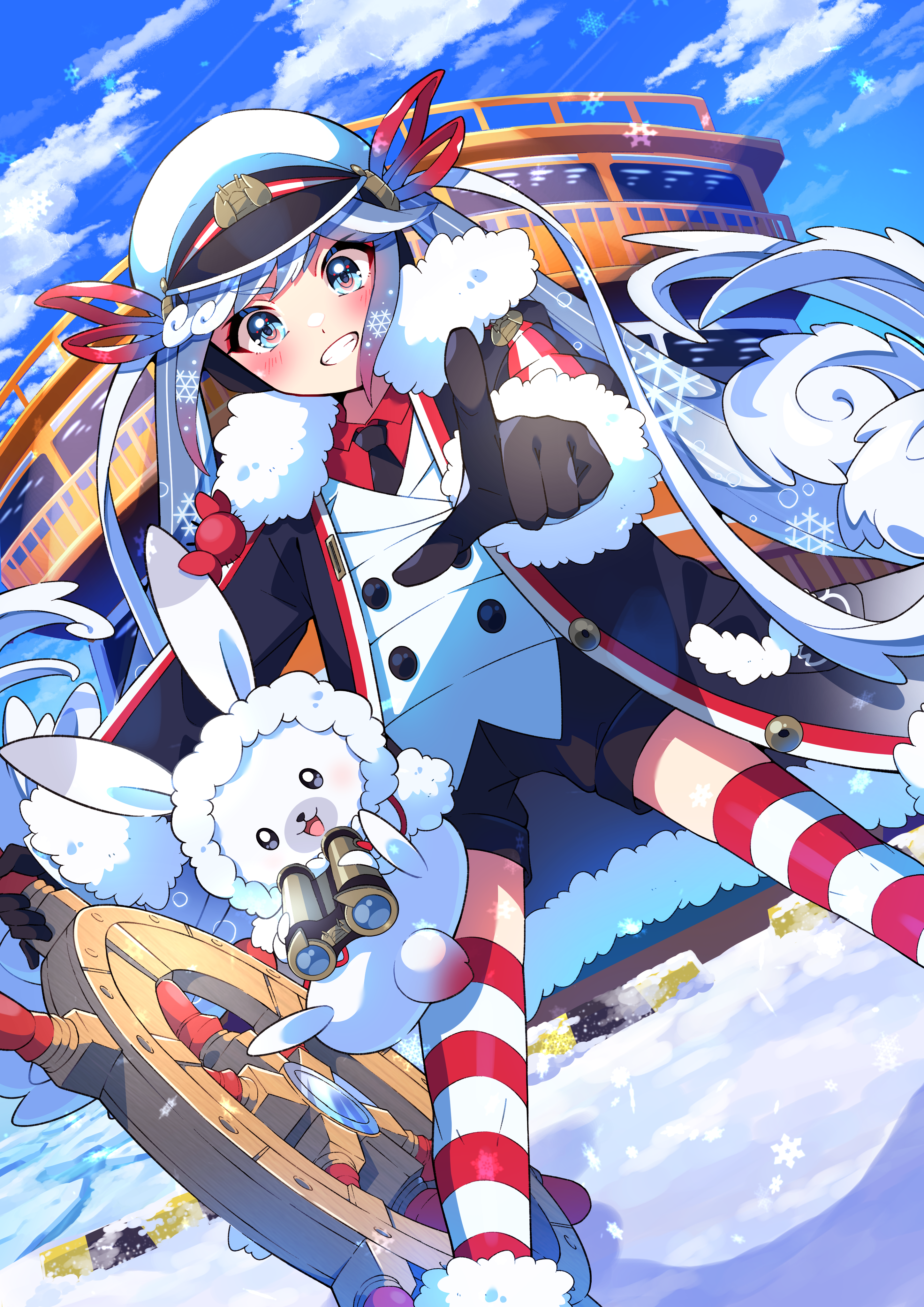 pon yui, hatsune miku, rabbit yukine, yuki miku, yuki miku (2022), vocaloid, absurdres, highres, 1girl, 1other, aqua eyes, aqua hair, binoculars, bird, black boots, black coat, black gloves, black necktie, black shorts, blush, boots, coat, fur-trimmed coat, fur-trimmed sleeves, fur trim, gloves, gradient hair, hair between eyes, hair ribbon, heart, heart in eye, holding, holding binoculars, jacket, kimiiro marine snow (vocaloid), lighthouse, long hair, long sleeves, looking at viewer, multicolored hair, necktie, official alternate costume, official alternate hairstyle, open mouth, rabbit, red hair, red ribbon, red shirt, ribbon, shirt, short shorts, shorts, smile, snowflakes, striped clothes, striped thighhighs, symbol in eye, teeth, thick thighs, thighhighs, thighs, twintails, very long hair, white hair, white jacket, wide sleeves
