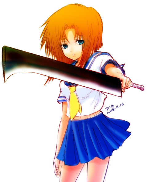 slice pork, ryuuguu rena, higurashi no naku koro ni, 00s, 1girl, billhook, blue eyes, female focus, hashitsuki nata, hatchet, nata (tool), orange hair, school uniform, serafuku, short hair, solo, weapon, yandere