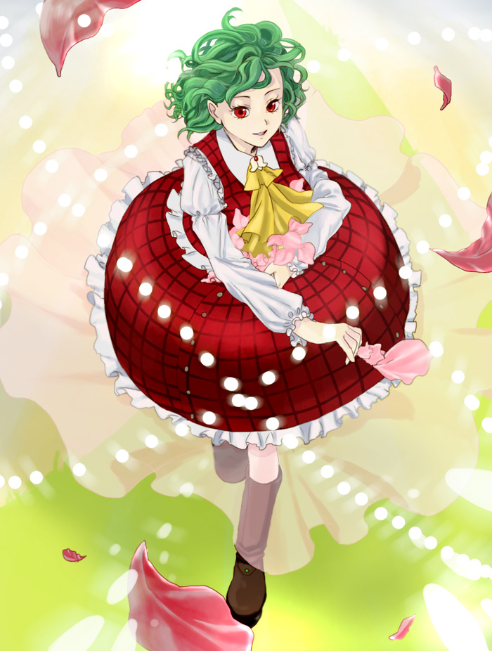 umishima senbon, kazami yuuka, touhou, bad id, bad pixiv id, 1girl, ascot, boots, danmaku, female focus, green hair, messy hair, petals, plaid clothes, plaid skirt, plaid vest, red eyes, short hair, skirt, skirt set, smile, solo, vest