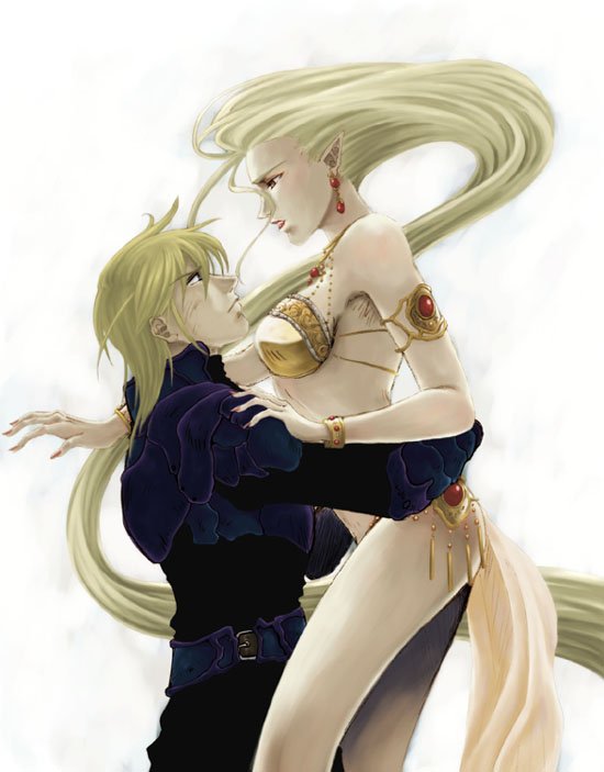 soranokaze15, barbariccia, cain highwind, final fantasy, final fantasy iv, 1990s (style), 1boy, 1girl, absurdly long hair, armor, bikini, blonde hair, earrings, hetero, hug, jewelry, long hair, lots of jewelry, pointy ears, swimsuit, very long hair