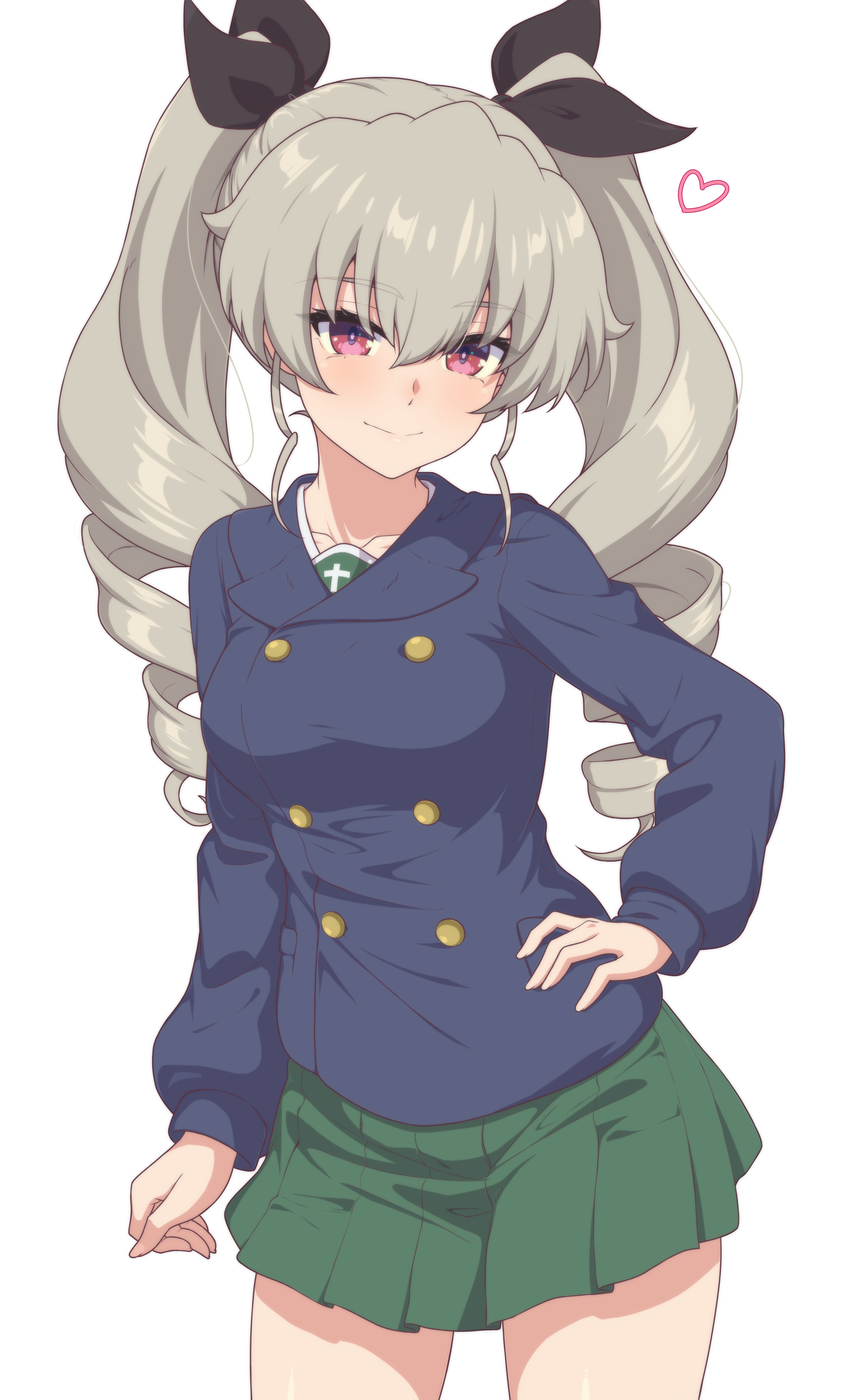 ada badguy, anchovy (girls und panzer), girls und panzer, absurdres, highres, 1girl, blush, breasts, closed mouth, collarbone, drill hair, green hair, hair ribbon, hand on own hip, long hair, looking at viewer, medium breasts, military uniform, miniskirt, ooarai military uniform, ooarai school uniform, pleated skirt, red eyes, ribbon, school uniform, simple background, skirt, smile, solo, twin drills, white background