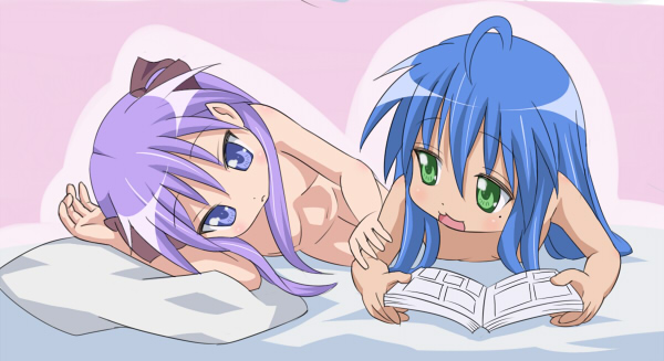 mountain pukuichi, hiiragi kagami, izumi konata, lucky star, 00s, 2girls, book, loli, mole, mole under eye, multiple girls, nude, yuri