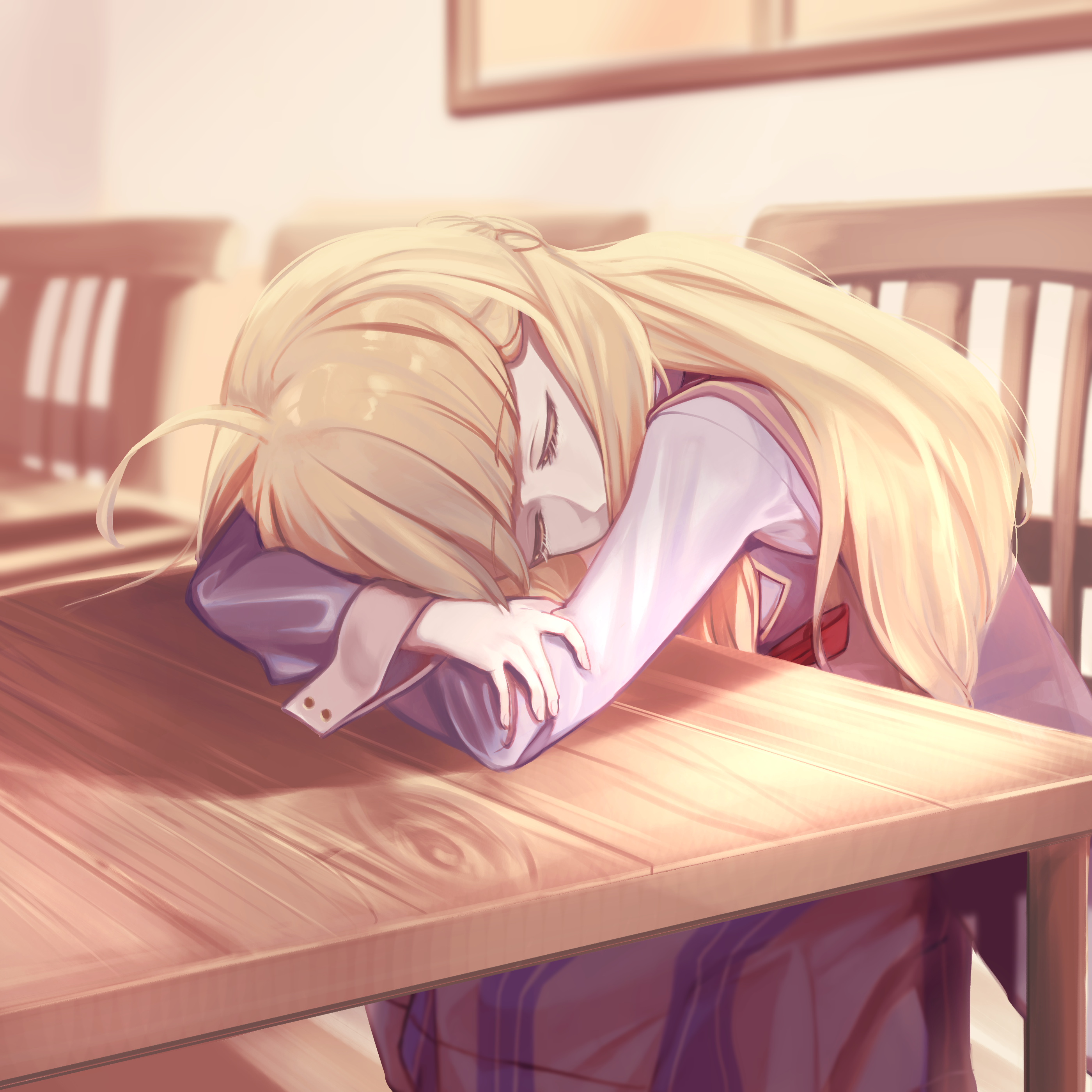 sonia (tales of crestoria), tales of (series), tales of crestoria, 1girl, ahoge, blue shirt, chair, dress, indoors, long hair, long sleeves, on chair, on table, plane flat, purple dress, purple vest, shirt, sleeping, solo, table, vest