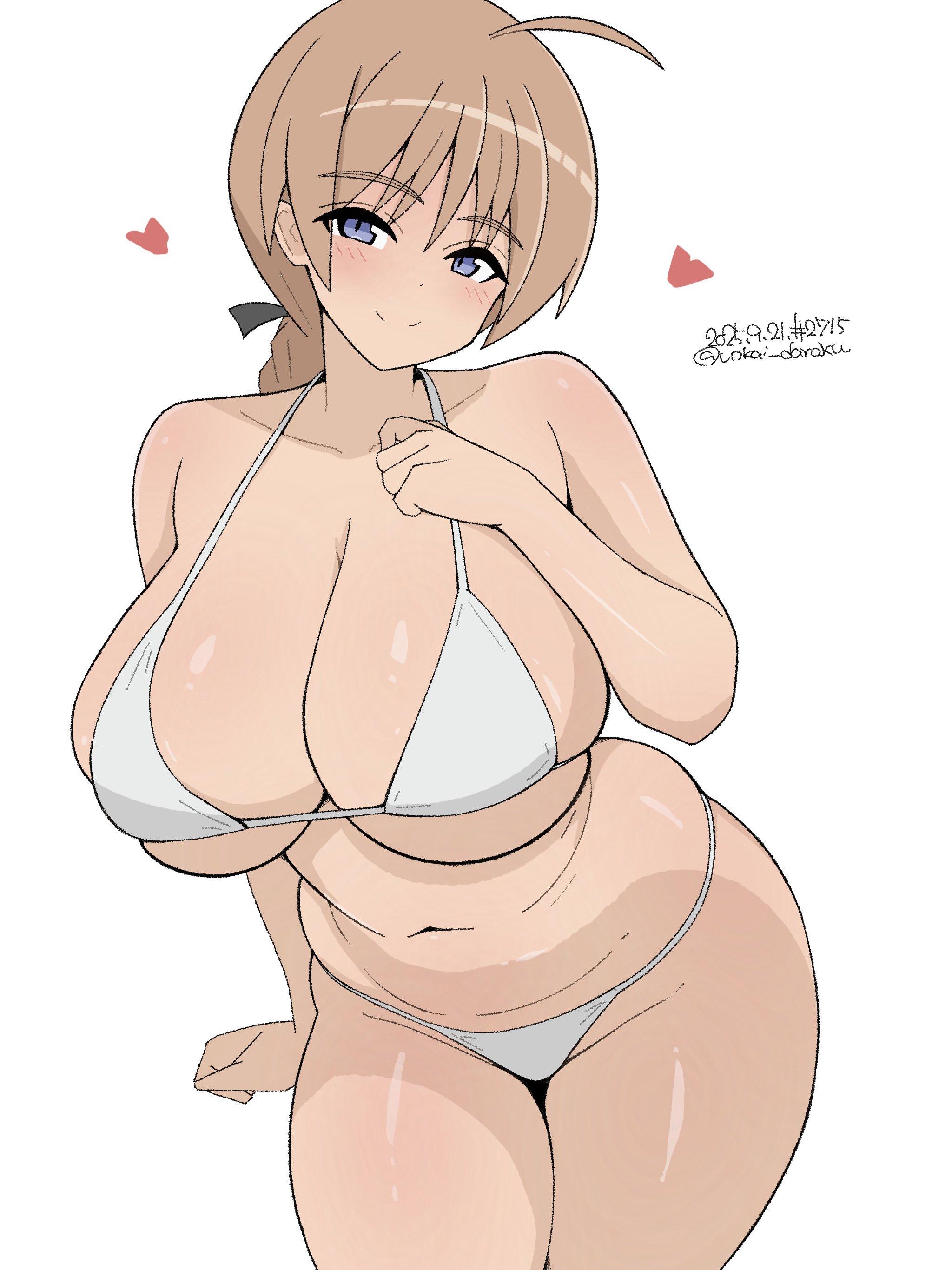 unkai daraku, lynette bishop, strike witches, world witches series, absurdres, highres, 1girl, ahoge, bikini, blue eyes, blush, braid, braided ponytail, breasts, brown hair, cleavage, closed mouth, dated, heart, large breasts, long hair, looking at viewer, navel, plump, signature, simple background, skindentation, smile, solo, swimsuit, white background, white bikini