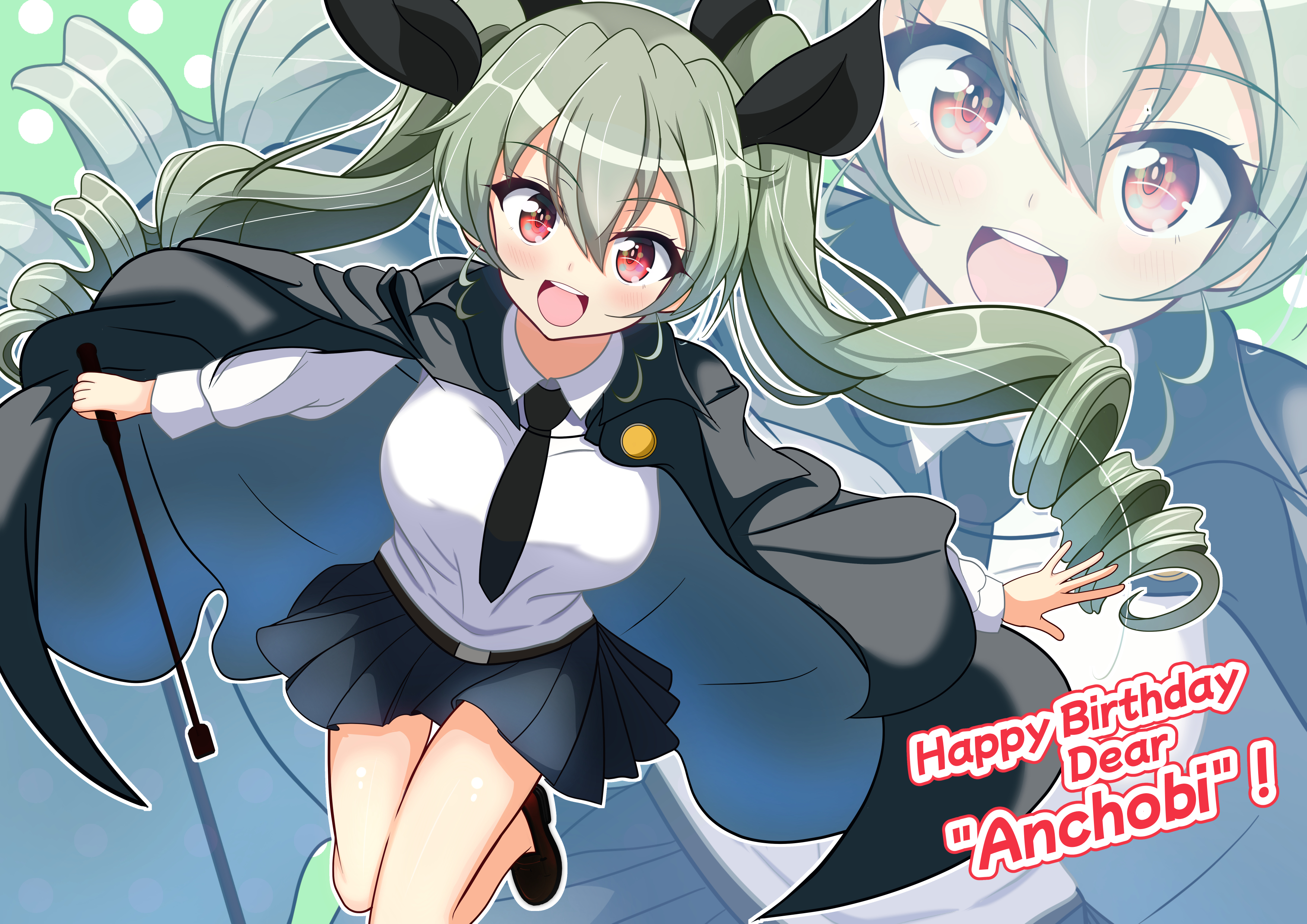 kumaisao, anchovy (girls und panzer), girls und panzer, absurdres, highres, 1girl, anzio school uniform, black necktie, blush, breasts, cape, character name, drill hair, green hair, hair ribbon, happy birthday, large breasts, long hair, looking at viewer, miniskirt, necktie, open mouth, pleated skirt, red eyes, ribbon, riding crop, school uniform, skirt, smile, solo, twintails