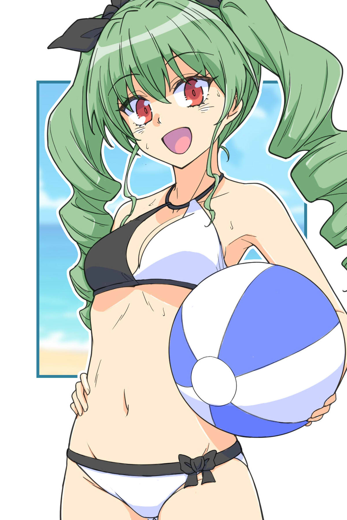 renshiu, anchovy (girls und panzer), girls und panzer, highres, 1girl, ball, beachball, bikini, blush, breasts, cleavage, collarbone, drill hair, green hair, hair ribbon, hand on own hip, long hair, looking at viewer, medium breasts, multicolored bikini, navel, open mouth, red eyes, ribbon, smile, solo, swimsuit, twin drills
