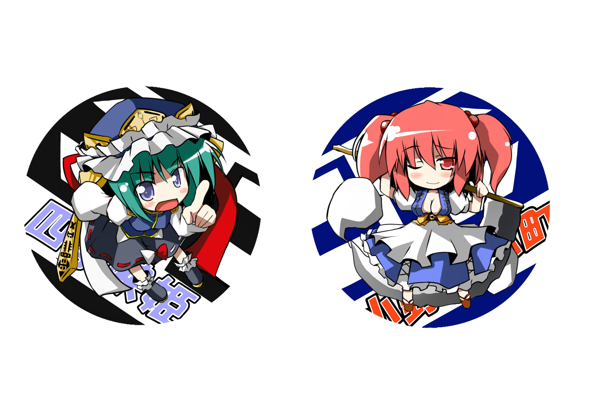 nanpuu, onozuka komachi, shiki eiki, touhou, 2girls, blue eyes, blush, blush stickers, breasts, chibi, cleavage, female focus, green hair, hitodama, index finger raised, leaning forward, looking at viewer, multiple girls, one eye closed, red eyes, red hair, rod of remorse, scythe, simple background, white background, wink