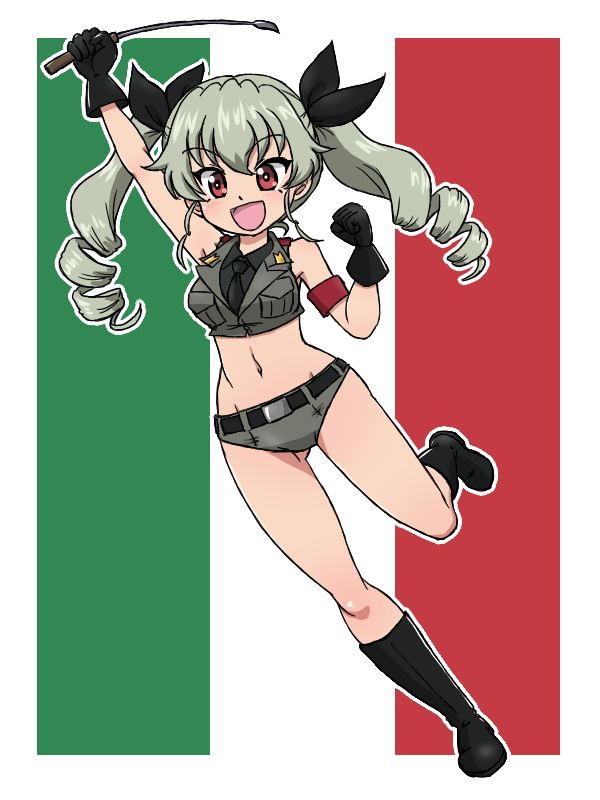 takahashi kurage, anchovy (girls und panzer), girls und panzer, 1girl, anzio military uniform, black gloves, blush, breasts, drill hair, full body, gloves, green hair, green shorts, hair ribbon, italian flag, long hair, medium breasts, midriff, military uniform, navel, open mouth, red eyes, ribbon, riding crop, shorts, smile, solo, twin drills, twintails