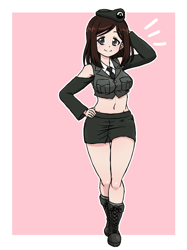 takahashi kurage, megumi (girls und panzer), girls und panzer, 1girl, blue eyes, blush, breasts, brown hair, closed mouth, full body, hand on own hip, large breasts, long hair, looking at viewer, midriff, military uniform, miniskirt, navel, pink background, selection university military uniform, simple background, skirt, smile, solo