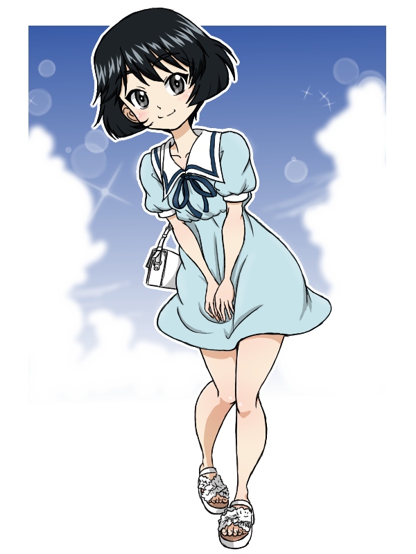 takahashi kurage, utsugi yuuki, girls und panzer, 1girl, black hair, blue dress, blue eyes, blush, breasts, collarbone, dress, full body, grey eyes, looking at viewer, sandals, short hair, sky, small breasts, smile, solo