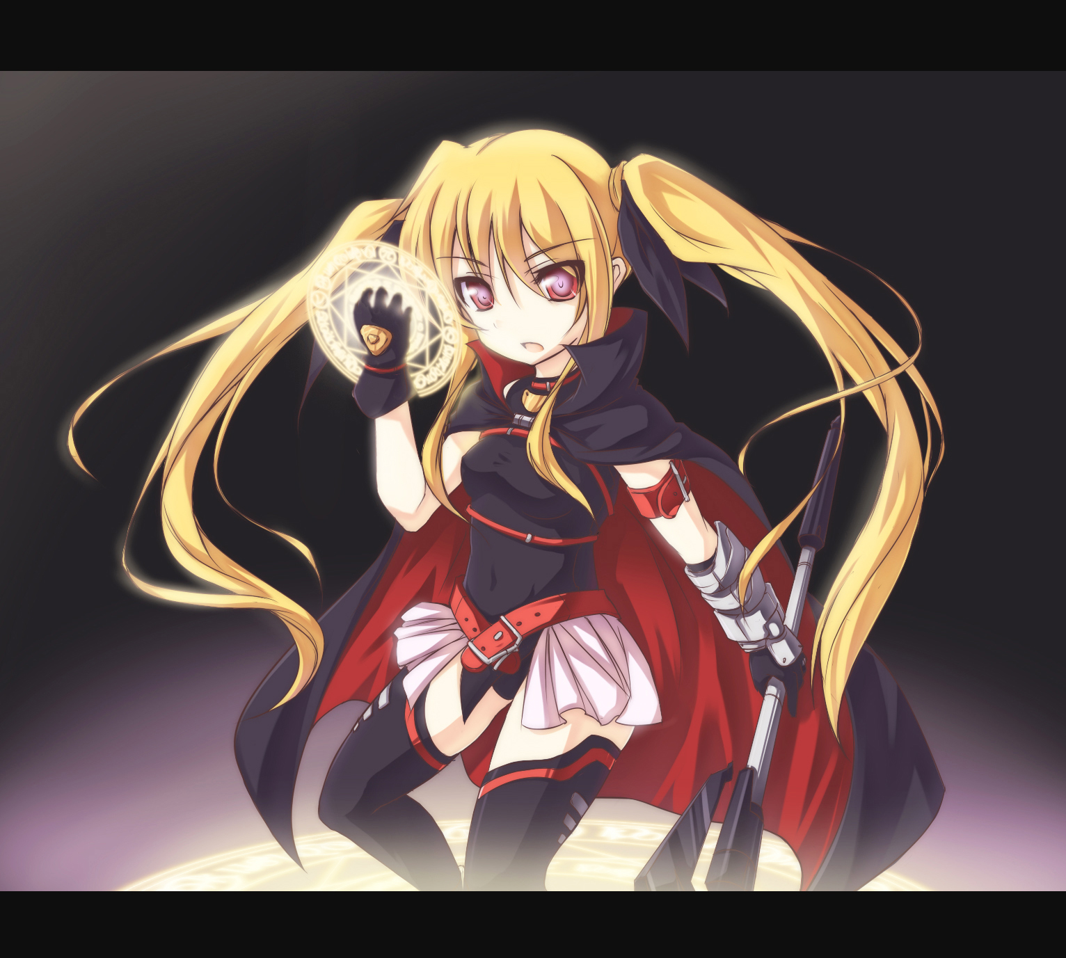 zenn, bardiche (assault form) (nanoha), bardiche (nanoha), fate testarossa, fate testarossa (lightning form), lyrical nanoha, mahou shoujo lyrical nanoha, mahou shoujo lyrical nanoha a's, bad id, bad pixiv id, highres, 00s, 1girl, blonde hair, female focus, letterboxed, long hair, magic circle, octagram, solo, twintails