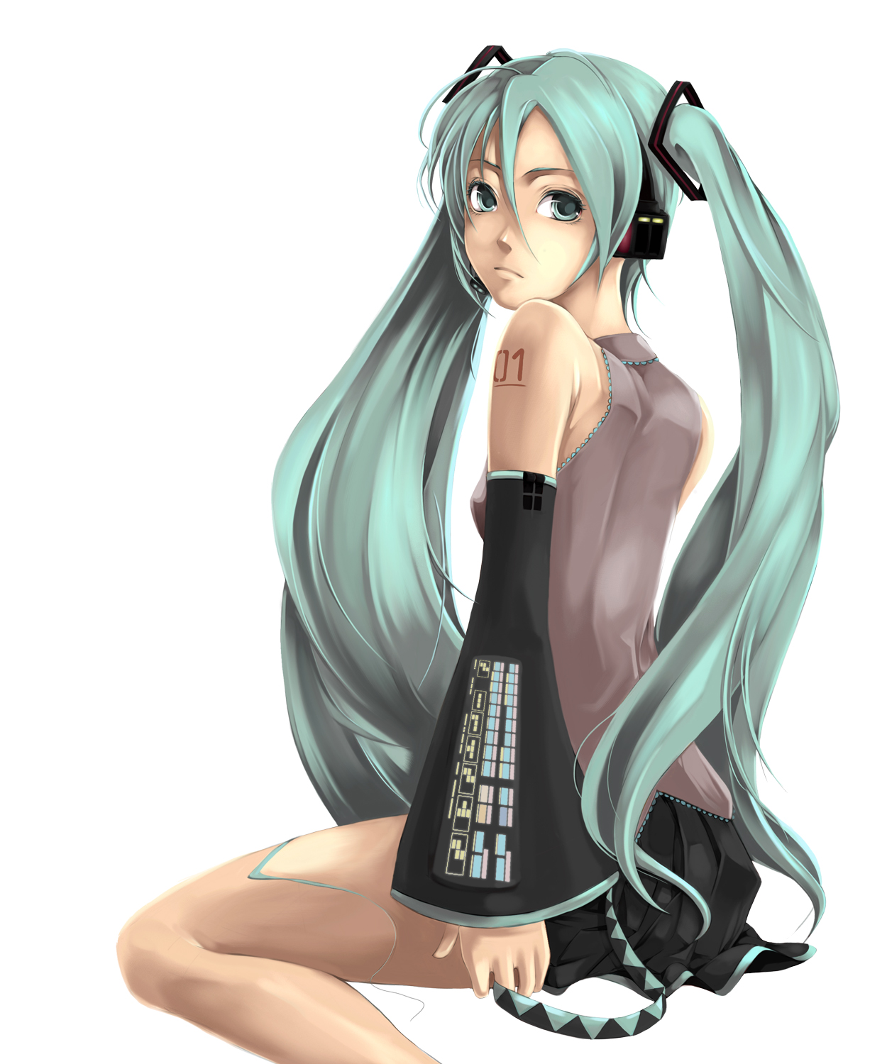 muragoya, murasin, hatsune miku, vocaloid, bad id, bad pixiv id, highres, 1girl, detached sleeves, female focus, green eyes, green hair, headset, long hair, matching hair/eyes, sitting, solo, twintails