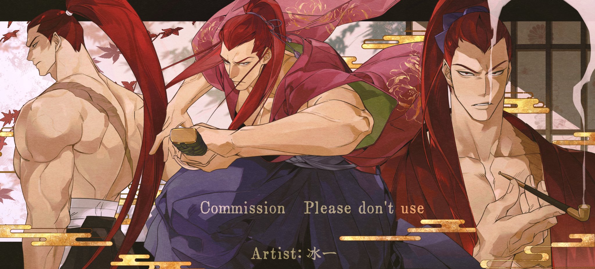 an ling withered, kibagami genjuro, samurai spirits, commission, highres, 1boy, artist name, blue pants, collarbone, hair ribbon, hakama, hakama pants, holding, holding smoking pipe, holding sword, holding weapon, japanese clothes, katana, kimono, kiseru, long hair, looking at viewer, male focus, multiple boys, muscular, muscular male, pants, pectoral cleavage, pectorals, ponytail, red hair, red kimono, ribbon, scar, scar on back, smoking pipe, sword, topless male, weapon