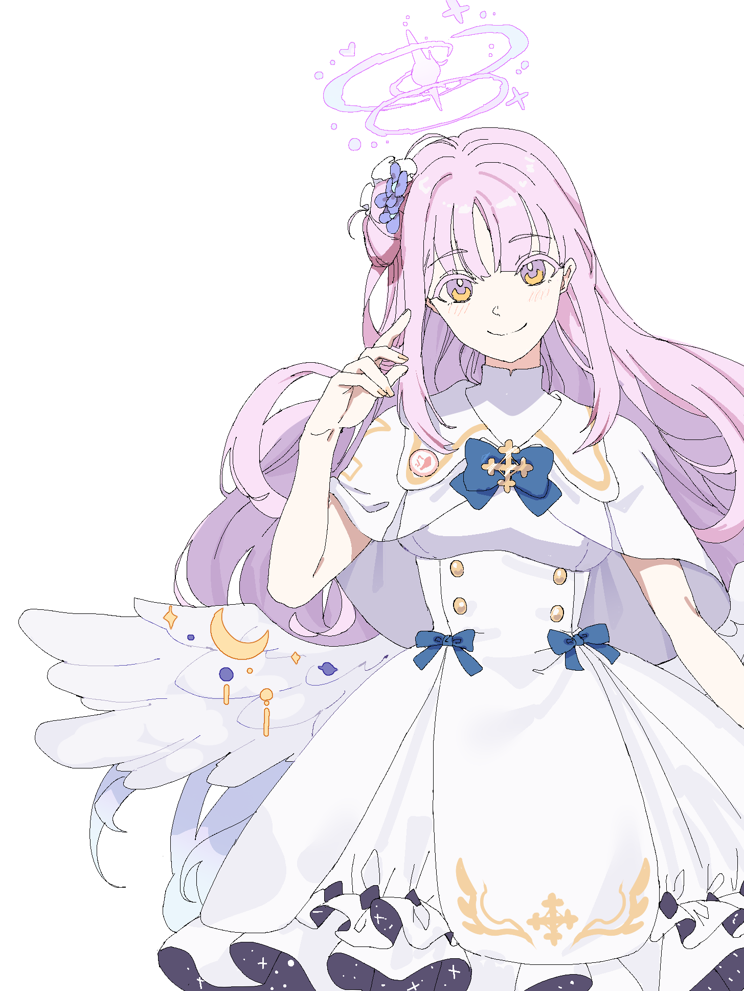 mika (blue archive), blue archive, commentary request, highres, 1girl, angel wings, badge, blue bow, blunt bangs, bow, bowtie, breasts, capelet, closed mouth, collared dress, cowboy shot, crescent, curtained hair, double halo, dress, feathered wings, flower, frilled dress, frills, gradient halo, hair bun, hair flower, hair ornament, halo, hand up, head tilt, ingenkita, light blush, long hair, looking at viewer, low wings, medium breasts, medium dress, multicolored halo, patterned clothing, pink hair, pink halo, purple flower, short sleeves, sidelocks, simple background, single side bun, smile, solo, starry sky print, very long hair, white background, white capelet, white dress, white wings, wings, yellow eyes