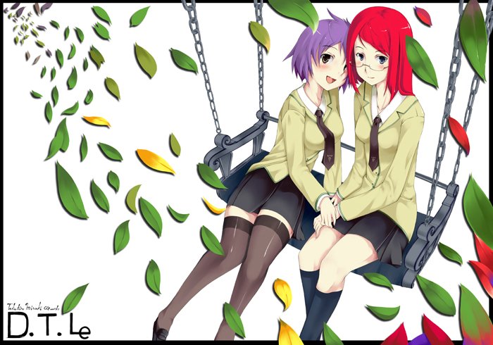 hubrael, 2girls, blush, glasses, himitu, leaf, long hair, multiple girls, red hair, school uniform, serafuku, short hair, skirt, socks, thighhighs