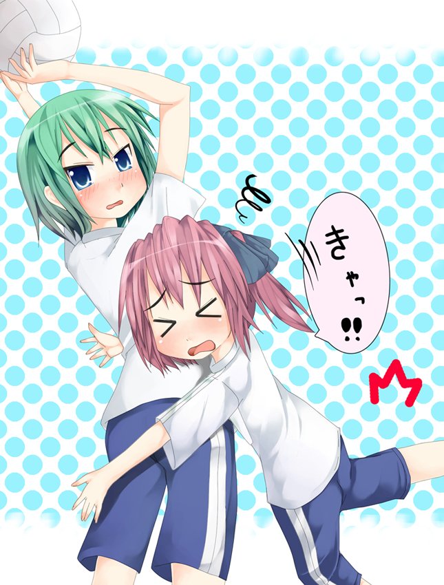 hubrael, iwasaki minami, kobayakawa yutaka, lucky star, translation request, > <, 00s, blush, closed eyes, green hair, gym uniform, himitu, pink hair, short hair, simple background
