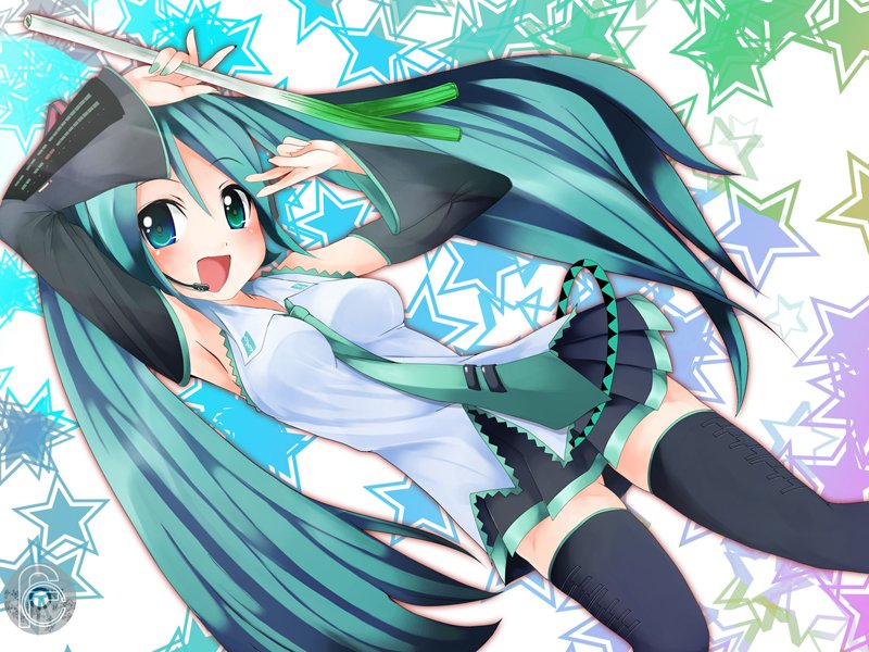 misaki takahiro, hatsune miku, vocaloid, star, armpits, blue eyes, blue hair, green hair, himitu, long hair, nail polish, necktie, skirt, thighhighs, twintails, very long hair