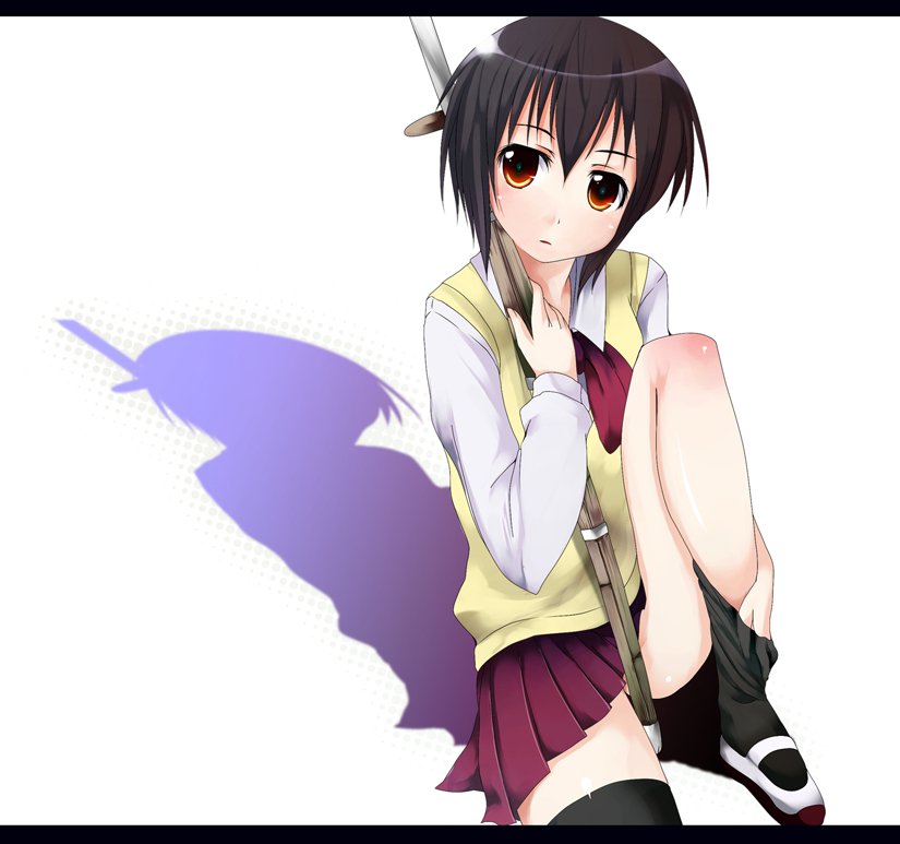 hubrael, kawazoe tamaki, bamboo blade, 00s, 1girl, female focus, himitu, letterboxed, ribbon, school uniform, serafuku, short hair, sitting, skirt, solo, thighhighs