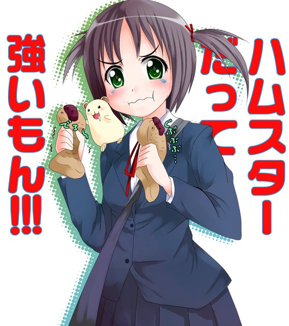 hubrael, nishizawa ayumu, hayate no gotoku!, translated, 00s, 1girl, animal, eating, female focus, food, hamster, himitu, school uniform, serafuku, solo, standing, taiyaki, wagashi, white background