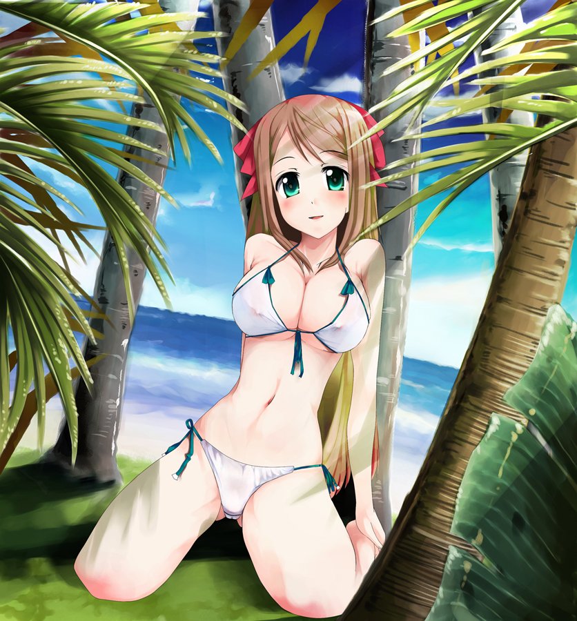 hubrael, original, light brown hair, bad id, bad pixiv id, 1girl, aqua eyes, beach, bikini, blush, breasts, brown hair, cleavage, covered erect nipples, day, dutch angle, female focus, front-tie top, hair ribbon, himitu, kneeling, large breasts, leaf, long hair, navel, ocean, outdoors, palm tree, ribbon, see-through clothes, side-tie bikini bottom, sky, solo, string bikini, swimsuit, tree, white bikini