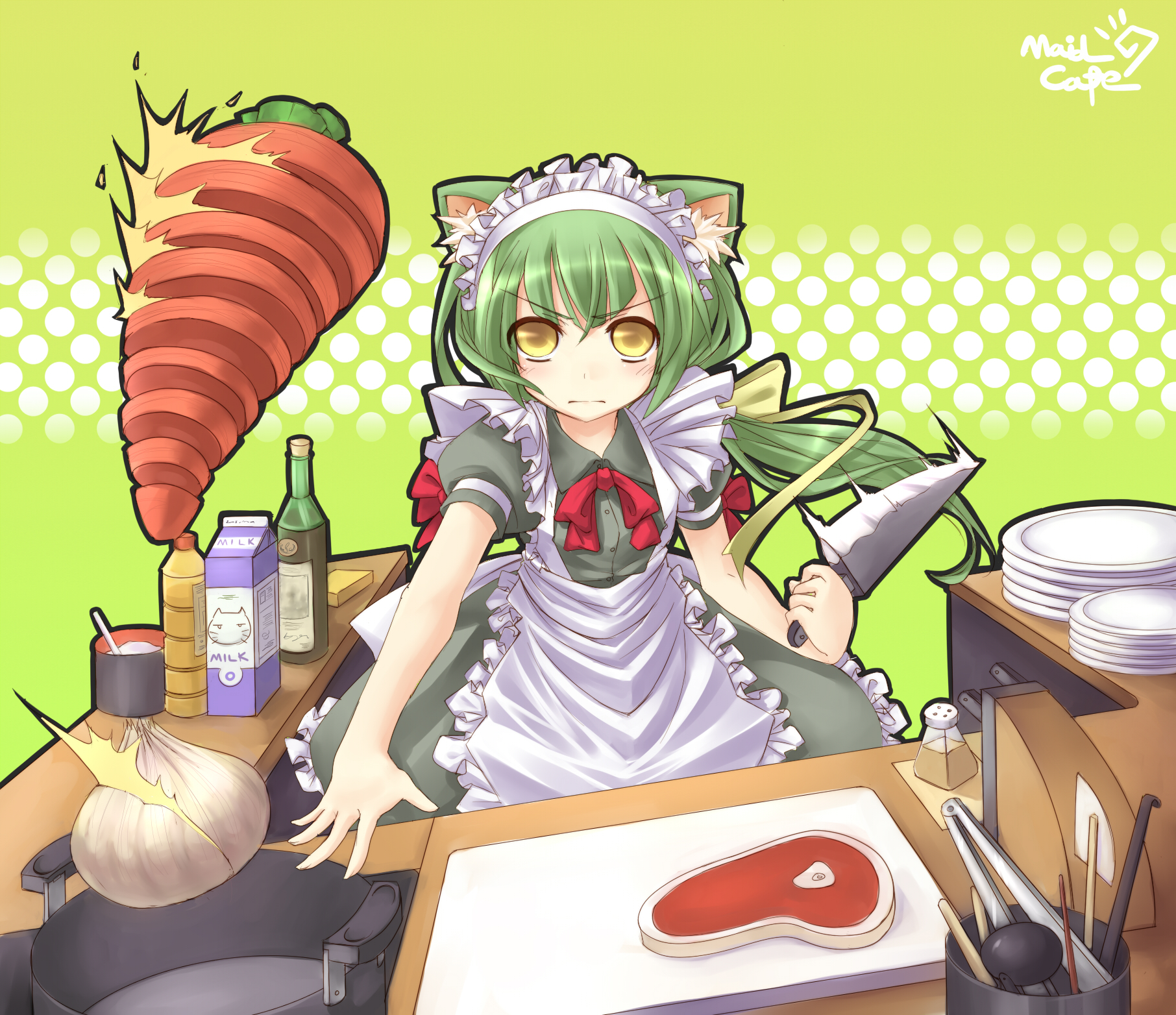 zenn, bad id, bad pixiv id, highres, animal ears, apron, carrot, cat ears, cooking, food, green hair, hair ribbon, kitchen, kitchen knife, knife, long hair, maid, maid apron, meat, onion, ponytail, ribbon, solo